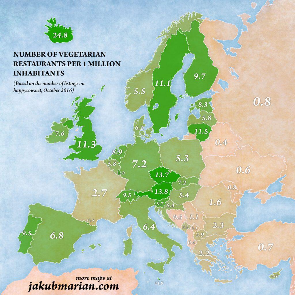 Map of ‘vegetarian friendliness’ (number of vegetarian restaurants) in Europe by country