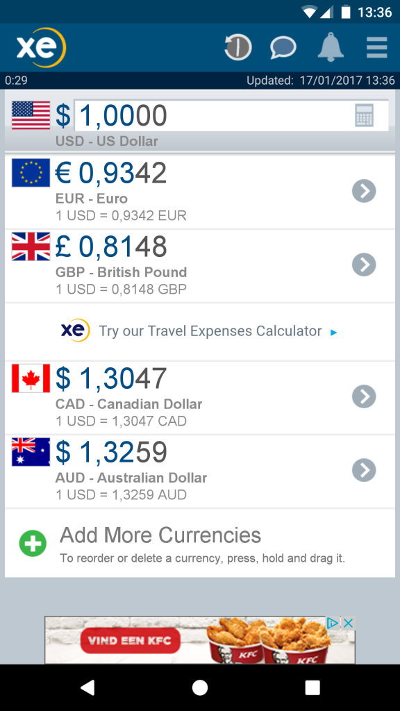 Screenshot of the XE app