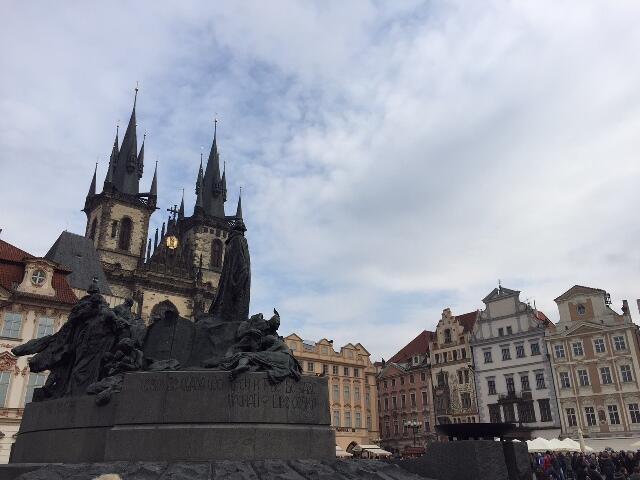 Jan Hus statue and Church of Our Lady before Týn in Old Town Square.