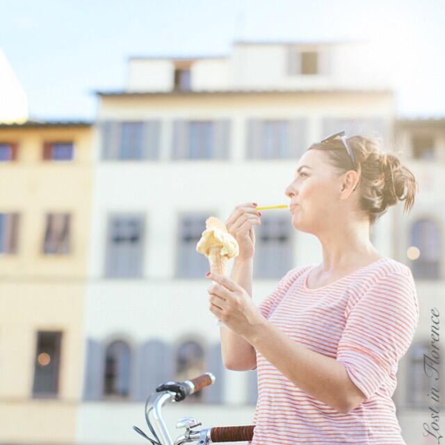 Florence Gelato by Sophie Delauw - Nardia eating gelato in Piazza Santa Croce near Carraia