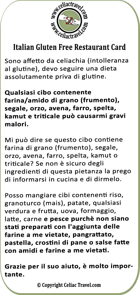 Example of an Italian gluten-free restaurant card for Celiacs