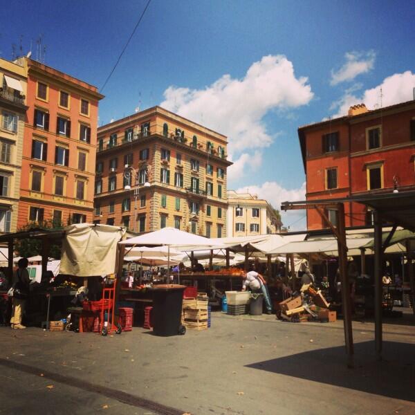 Piazza San Cosimato in full market swing.